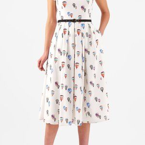 Balloon Print Pleat Neck Crepe Dress